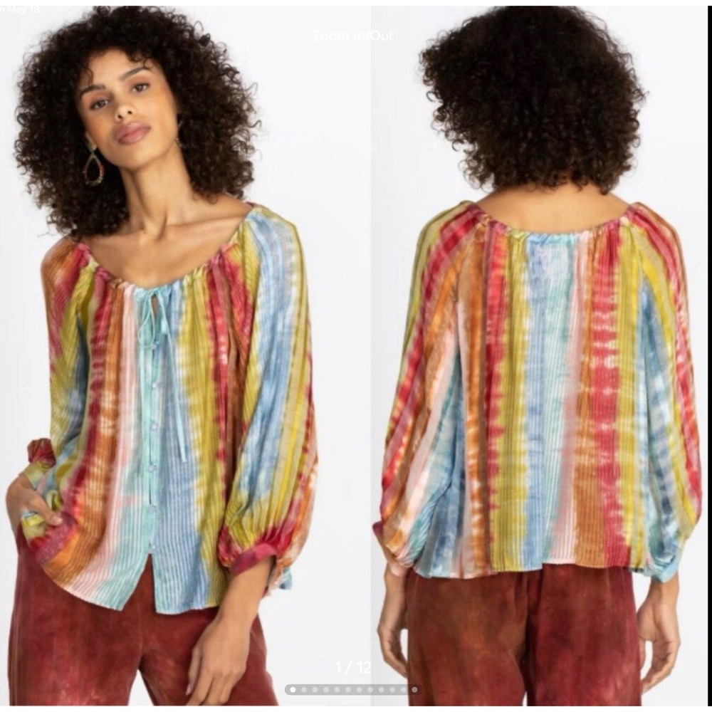 Johnny Was Amanda Bond Roslyn Top Womens M/L Multicolor Tie Dye Silk Blend Boho‎